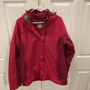 Cabelas Winter Jacket Men XL Red Zip Out Lining Primaloft Hooded Warm